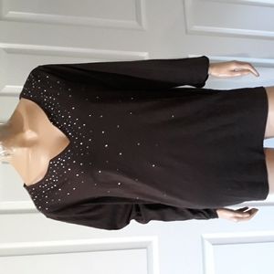 Brown Long Sleeve V-Neck Gemstone Front Pullover Tunic Shirt Plus Size 2X